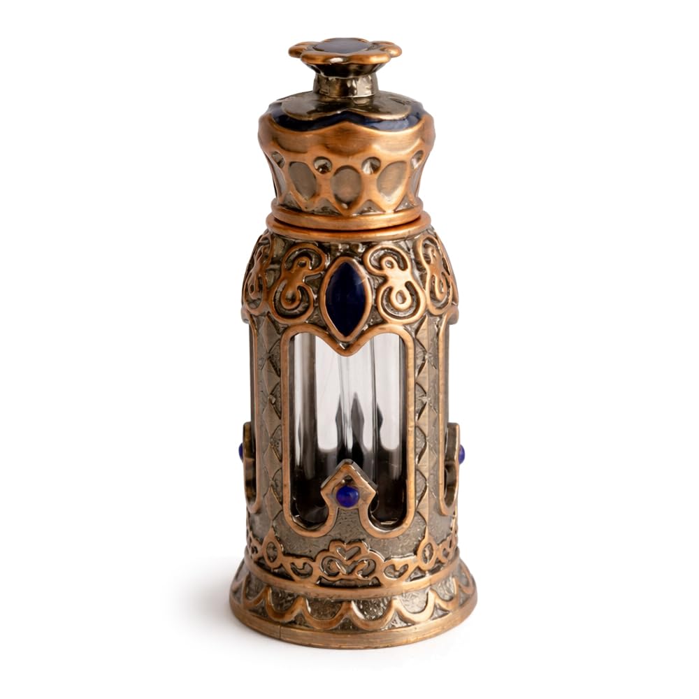 Decorative Metal Body & Glass Heart Reusable Empty Perfume Bottles - Antique Finish Embossing & Studded - Smooth Silk Inner Rod - for Essential Oils, Perfect for Travel, Gifts, Decoration (S-07)