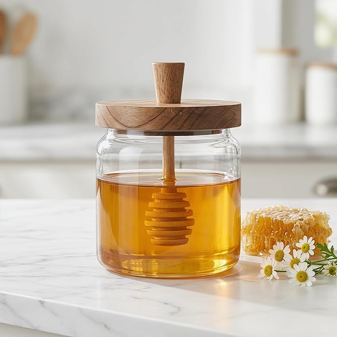 500ml Glass Honey Keeper with Wooden Lid and Built-in Drip Spoon, Elegant Honey Serve Bowl for Tea, Coffee, Pancakes, Desserts