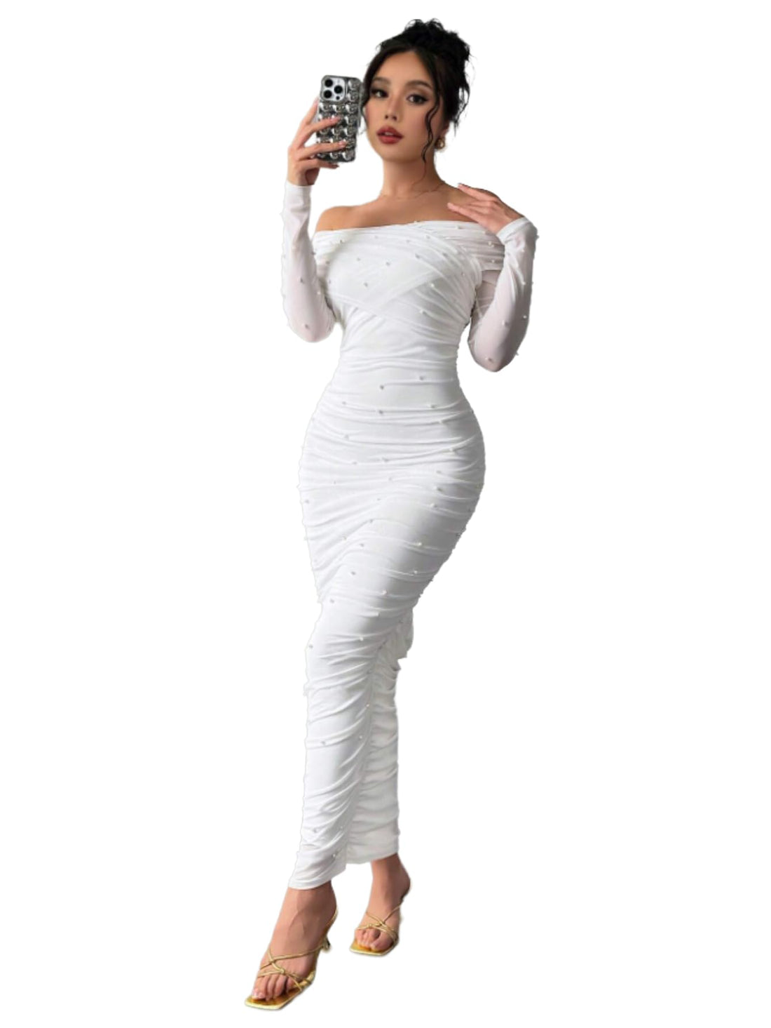 SHEIN Firerie Elegant White Off Shoulder Pearl Decor Maxi Dress for Women Ruched Bodycon Long Sleeve Cocktail Evening Gown