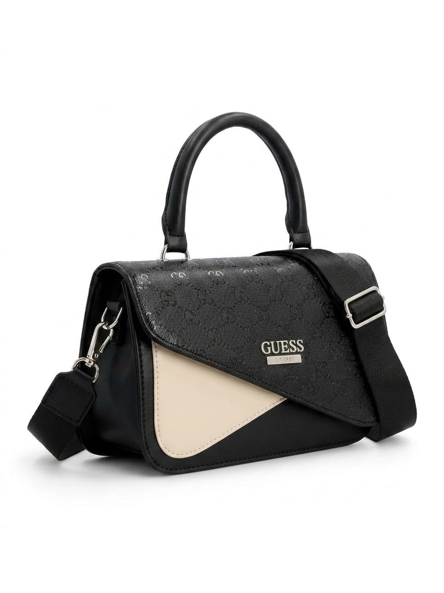Women's Monogram Satchel Bag, Faux Leather, Black and Beige, Top Handle and Adjustable Crossbody Strap, 28x30x18cm