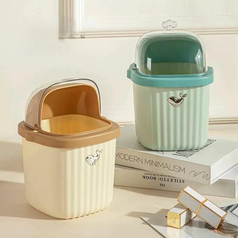 Mini Trash Can with Flip Lid, Cute Dolphin Design Small Desktop Waste Bin for Office, Bedroom, Living Room, Compact Multicolored Wastebasket