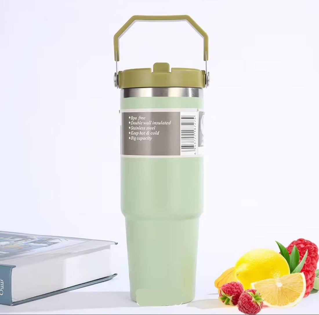Stainless Steel Thermal Mug Large Capacity 30420oz Stainless Steel Car Cup Cross-border Ice Cup Vacuum Coffee Cup with Straw Thermos Cup Water Cup - 900ml (Green)