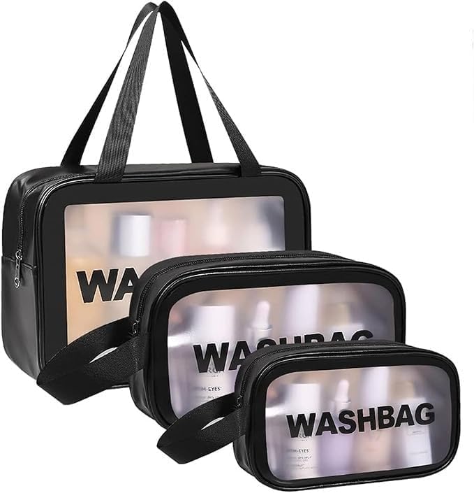 Waterproof Travel Cosmetic Bag Set of 3 – Premium Leather Toiletry Organizer Pouches, Multi Size Makeup Storage Bags for Women, Gym, Baby Essentials, Shampoo, Creams & Travel Accessories
