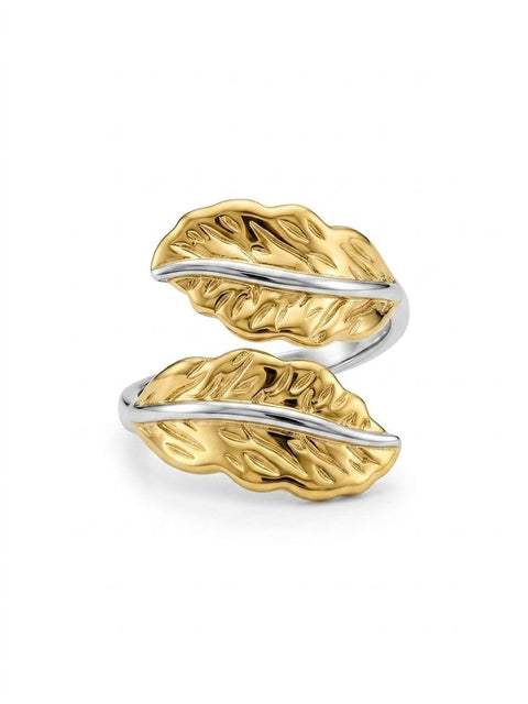 Adjustable Leaf Wrap Ring for Women – Two Tone Gold & Silver Open Ring, Fashion Statement Jewelry for Daily Wear & Gifts