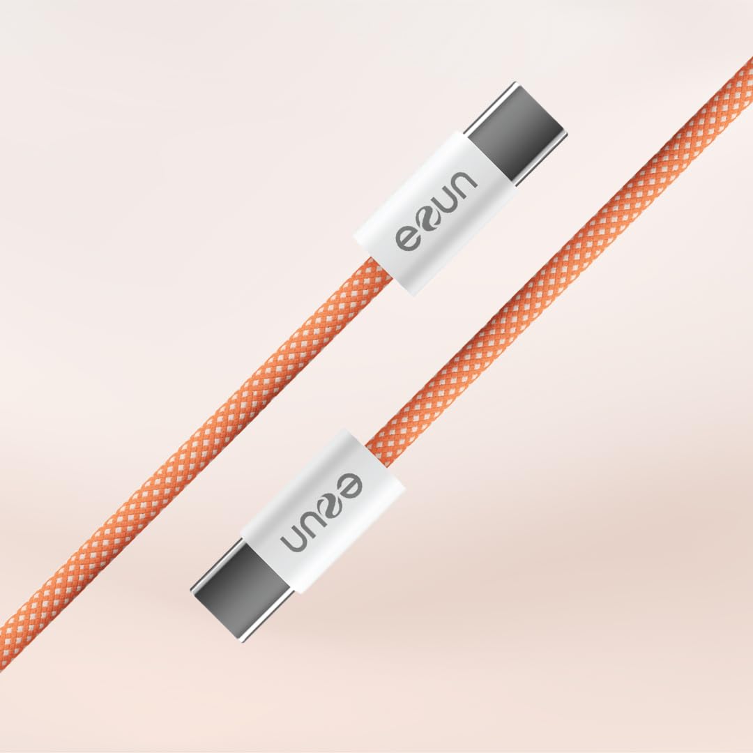 eeun Braided USB-C to USB-C, PD 100W Fast, 480Mbps Data Transfer, 2 years warranty (Light Orange)
