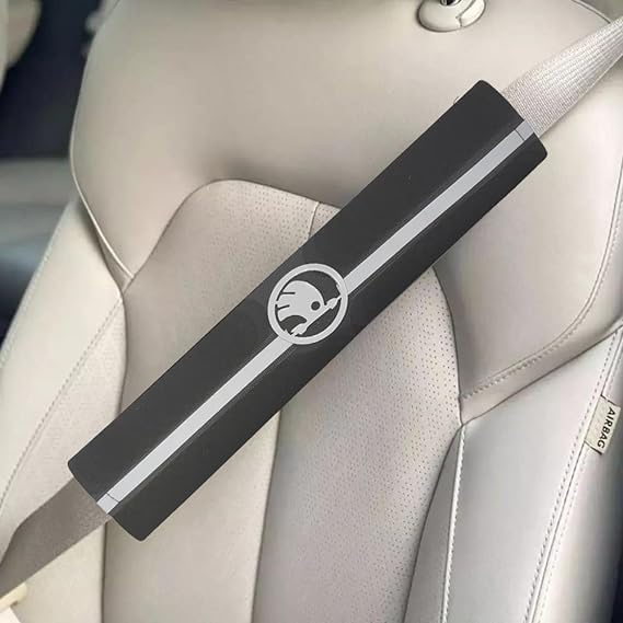 Leather Car Seat Belt Cover Case Compatible with Skoda - 2 Pieces - Black