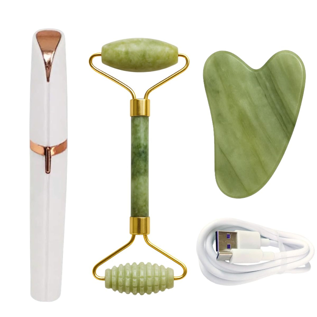 Jade Roller Set 3 in 1 Facial Massage Tool Gua Sha Stone Eyebrow Trimmer
