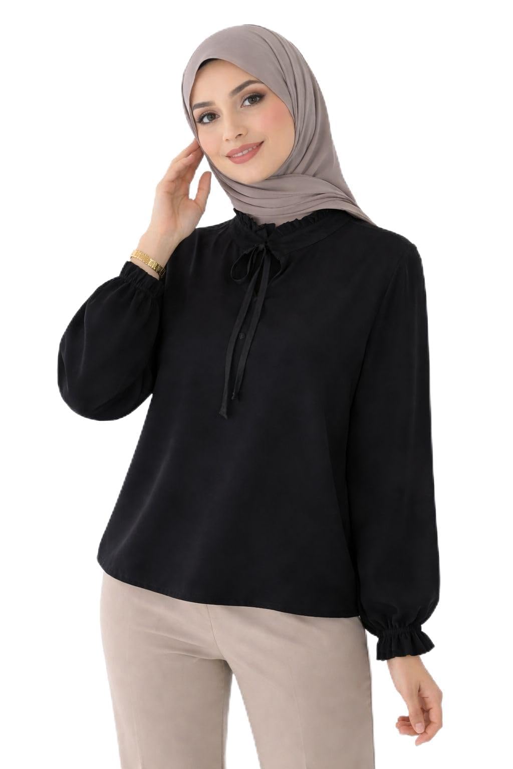 Women's Long Sleeve Chiffon Blouse, White, Ruffle Collar with Tie Neck Detail, Modest Style Top