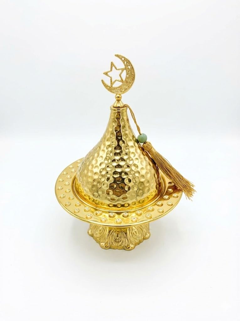 Next Store Luxury Gold Ramadan Incense Burner "Hammered", Crescent and Star, Metal Oud Burner with Dome Lid and High Base, Traditional Table Decor with Tassel