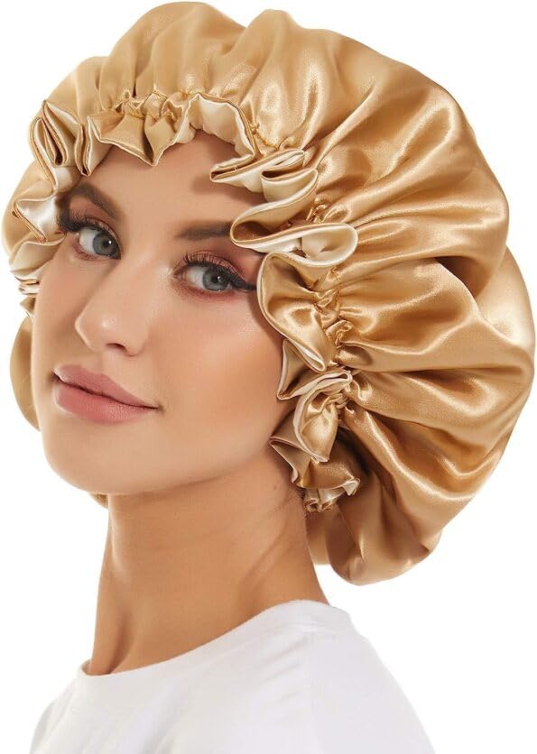 Silk Satin Bonnet Double Layer Reversible Bonnet for Women Natural Curly Hair Bonnet Comfortable Elastic Headache Free (Golden)
