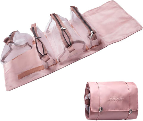 Luxury Makeup Brush Holder Case, Blush Leather Travel Organizer, Professional Cosmetic Storage Bag with Multiple Compartments