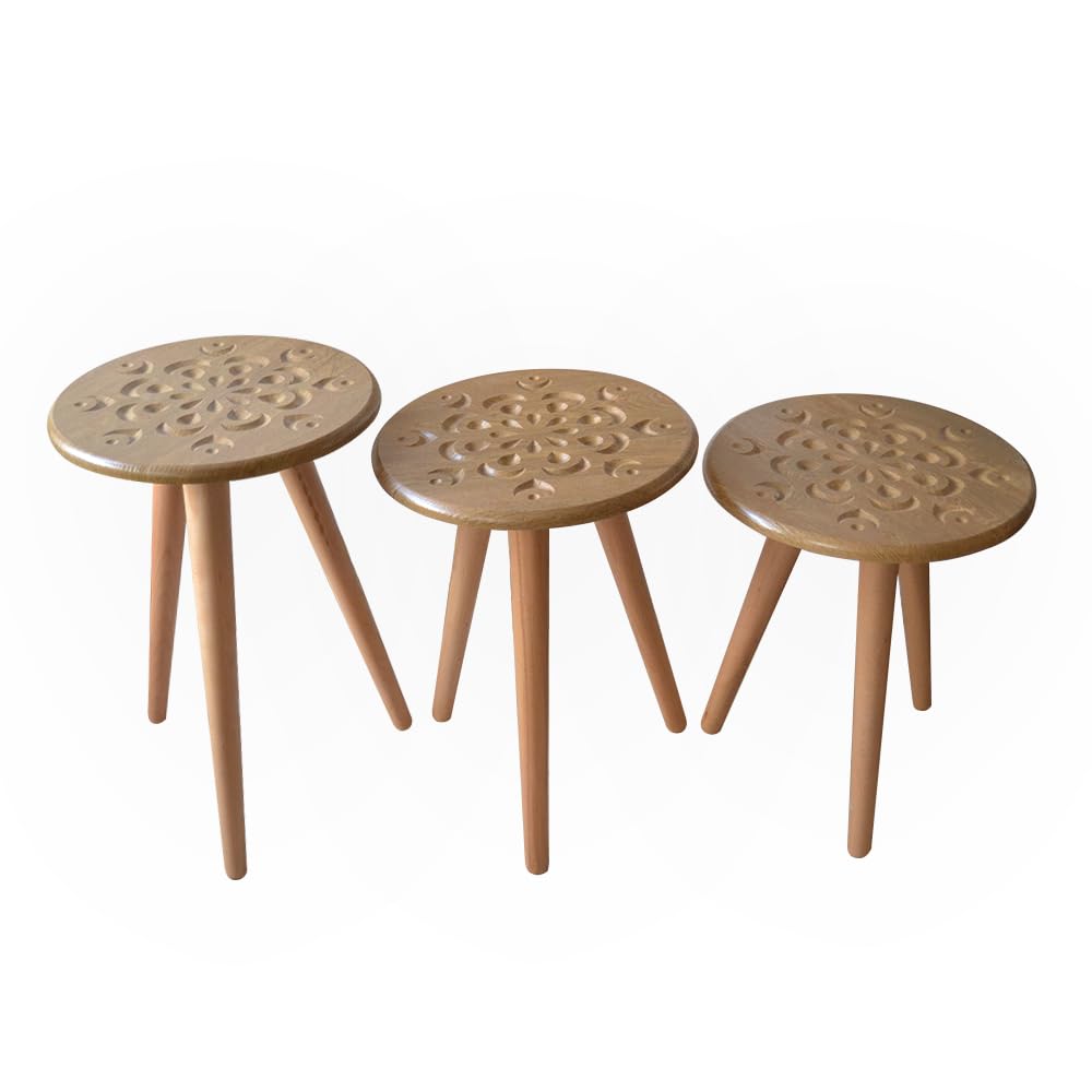Momentum Wood Circular PVC Trio Side table set with a unique floral engraving brown wood color.