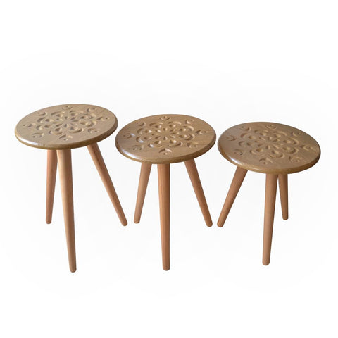 Momentum Wood Circular PVC Trio Side table set with a unique floral engraving brown wood color.