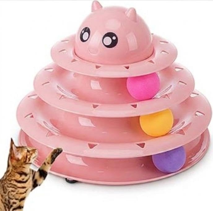 Cat Toy Roller Interactive 3 Level Turntable Ball Track Non Slip Puzzle Exercise Toy for Indoor Cats Kittens and Adult Cats Blue Pink Yellow Green (Pink)