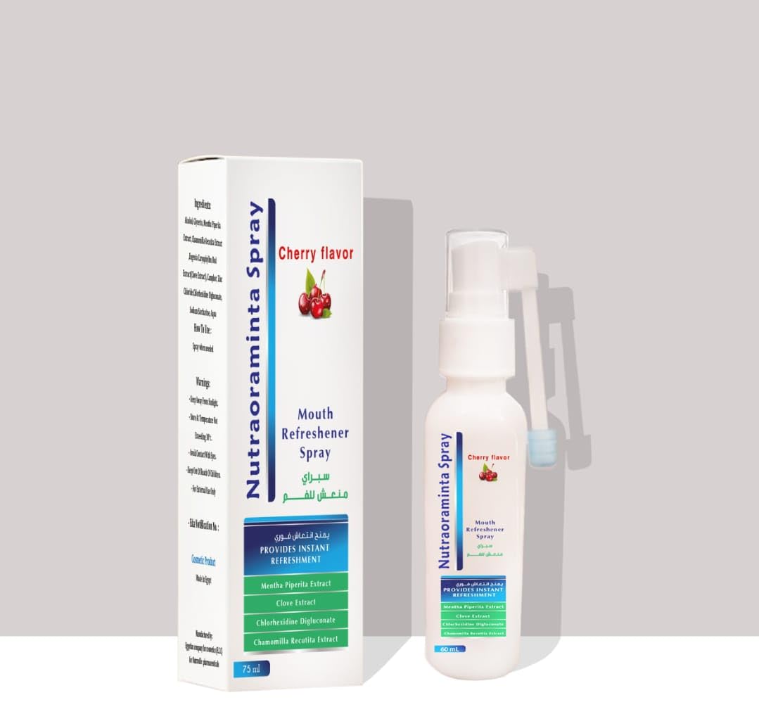Nutra-Oraminta Mouth Spray 60ml by Nutraville Pharmaceuticals, Chlorhexidine Clove Peppermint Oral Spray, Fresh Breath Antibacterial Mouth and Throat Soothing Spray Daily Hygiene Care Cherry