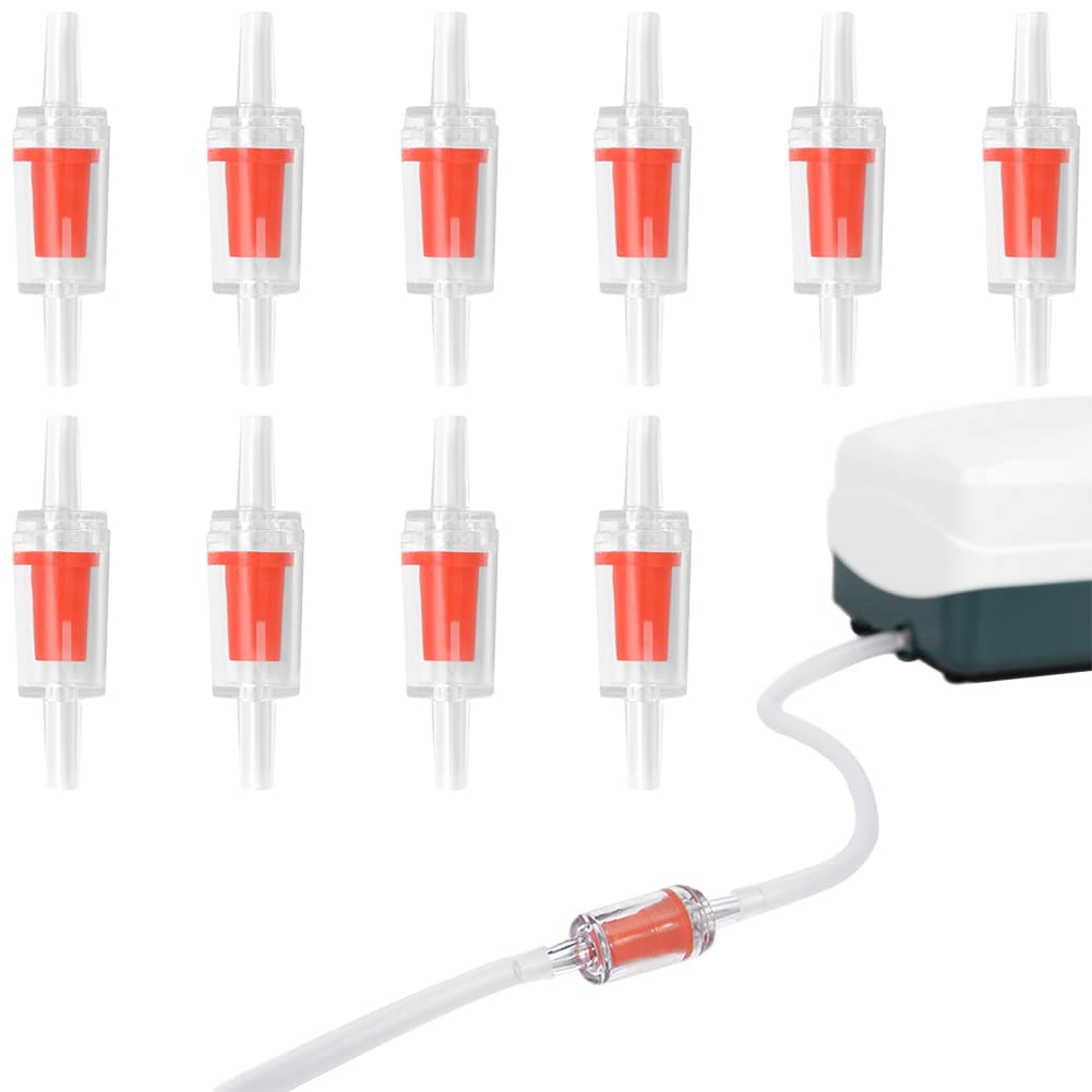 TUKNN Aquarium Air Pump Check Valves Aquarium Air Pump Valves Aquarium Air Pump Flow Valves Red Transparent Plastic Disposable Check Valve for Aquarium, Pack of 10