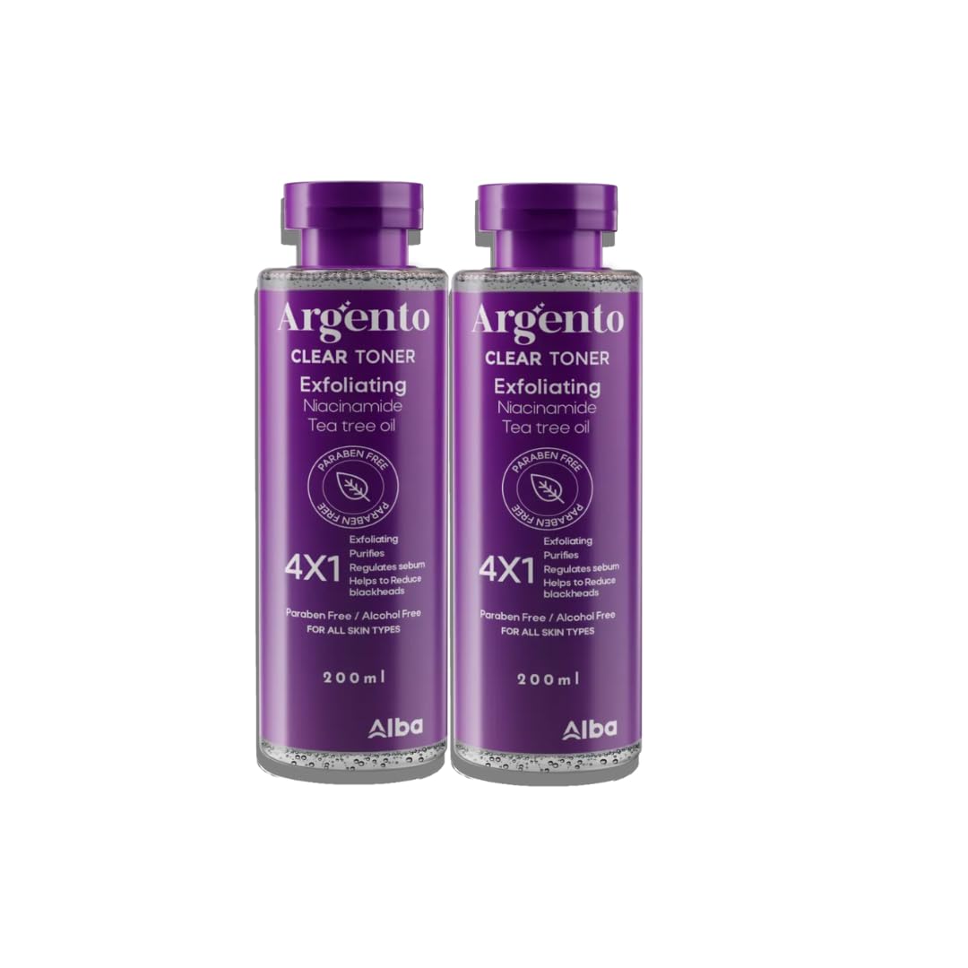 Offer of 1+1 Argento Clear toner, 200 ml size, with the power of green tea oil: known for its effectiveness as a natural antibiotic, thus eliminating the bacteria that cause acne. Salicylic acid.