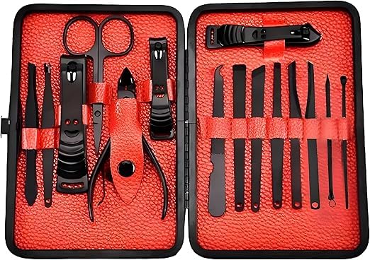 Manicure Set &19-Piece Pedicure Set, Professional Grooming Kit for Men & Women, Stainless Steel Fingernail & Toenail Cutter, Ideal for Nails, Brows and Ears (Black & Red)