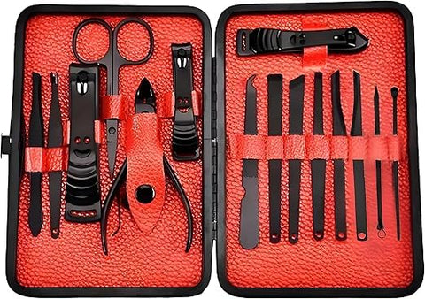 Manicure Set &19-Piece Pedicure Set, Professional Grooming Kit for Men & Women, Stainless Steel Fingernail & Toenail Cutter, Ideal for Nails, Brows and Ears (Black & Red)