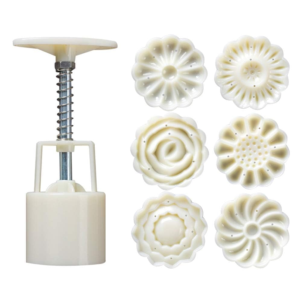 Bukela 1 Set 50g 3D Cookie Press Hand-Pressure Mooncake Cookie Mold with 6 Pcs Flower pattern DIY Decoration Press Cake Cutter for for Kitchen Baking