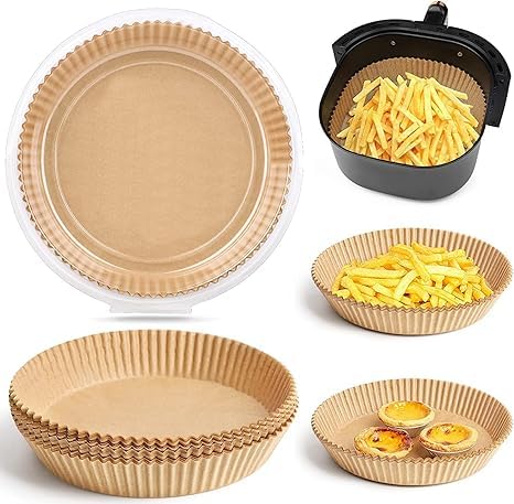 HOMERA Air Fryer Paper 100 Pieces 20cm Round Liners Non Stick Heat Resistant Disposable Sheets for Frying Roasting Easy to Clean Safe for Cooking