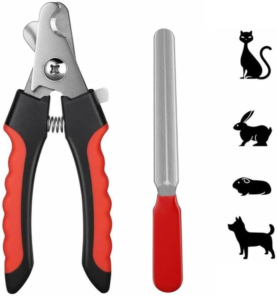 Pet Nail Clipper with Safety Guard for Dogs and Cats, Stainless Steel with Nail File, Non-Slip Ergonomic Handles, Red and Black