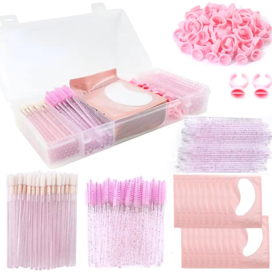 Lash Extension Supplies, Lash Tech Supplies for Eyelash Extension Supplies - Set with Box Disposable Mascara Applicator Eyebrow Brush Micro Brush Tape Glue Ring Eye Pad-pink or purple