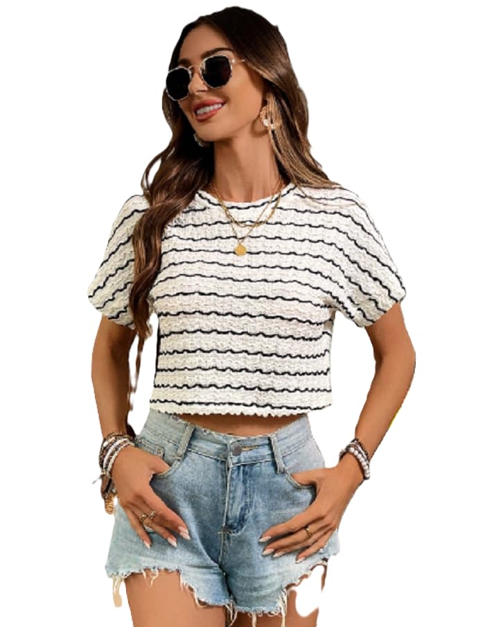 VCAY Women's Striped Knitted Crop T-Shirt, Round Neck, Short Sleeve, Black and White