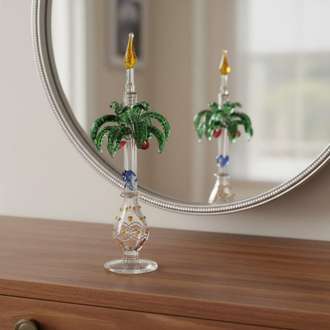 LW5202 Egyptian Artisan Palm Tree Empty Perfume Bottle, Hand-Blown Glass, Clear with Green Accents, Gold Trim, 18cm Decorative Fragrance Container, 20ml