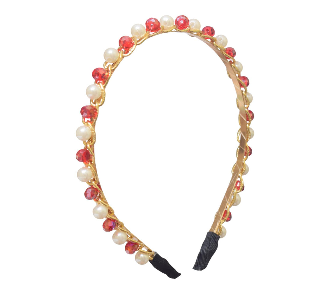 Daphne Girls' Hair Band Embroidered With Pearls - Red White