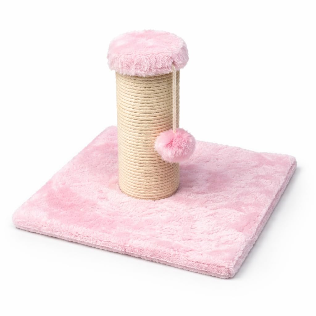 Cat Scratching Post with Plush Base, Pink, Natural Sisal Rope, Hanging Pom-Pom Toy