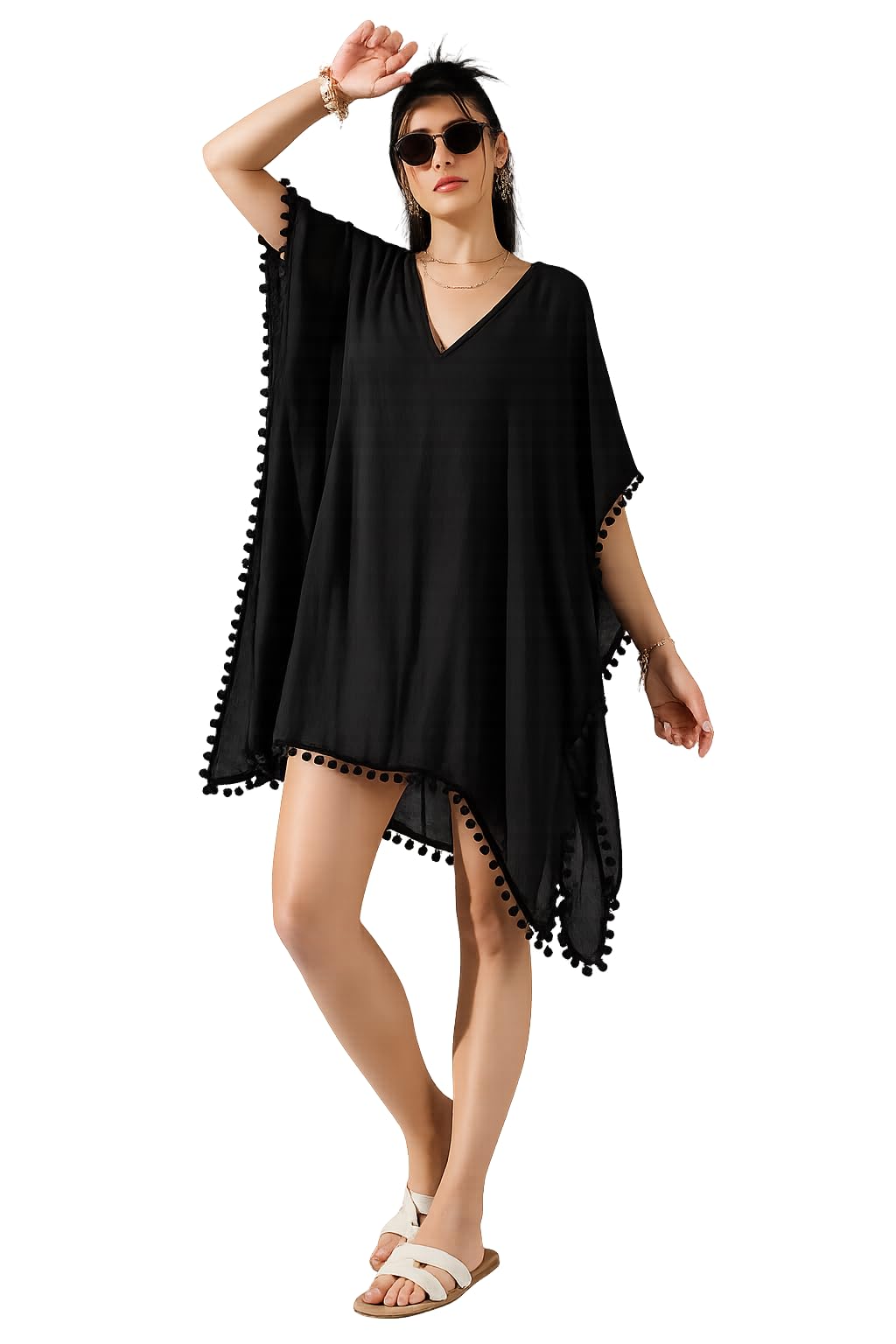 Black Kaftan Dress with Pom Pom Trim, V-Neck, Asymmetric Hem, Beach Cover-Up, women