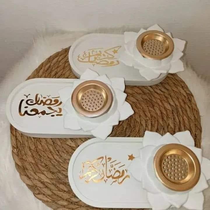 CONCRETE Ramadan Handmade Decor Set - Incense Burner or Candle Holder with Decorative Tri (Rose, Oval)