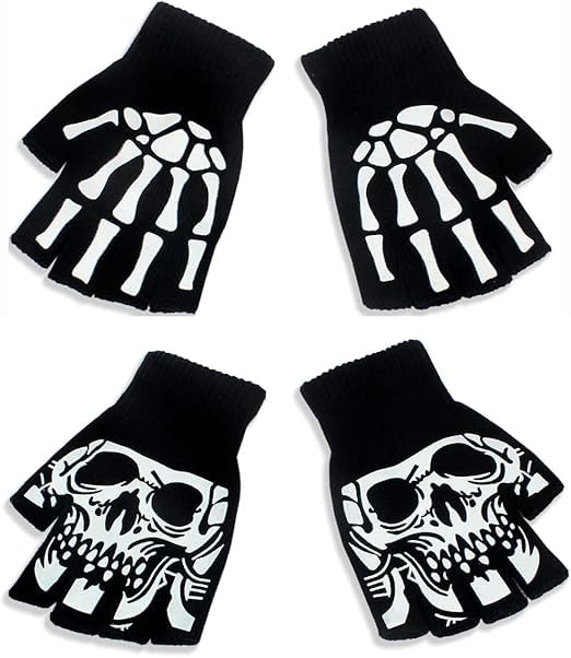 fashion mania 2 pairs Skeleton Fingerless Skull Bone Gloves For Men And Women,Universal size, suitable for adults to use