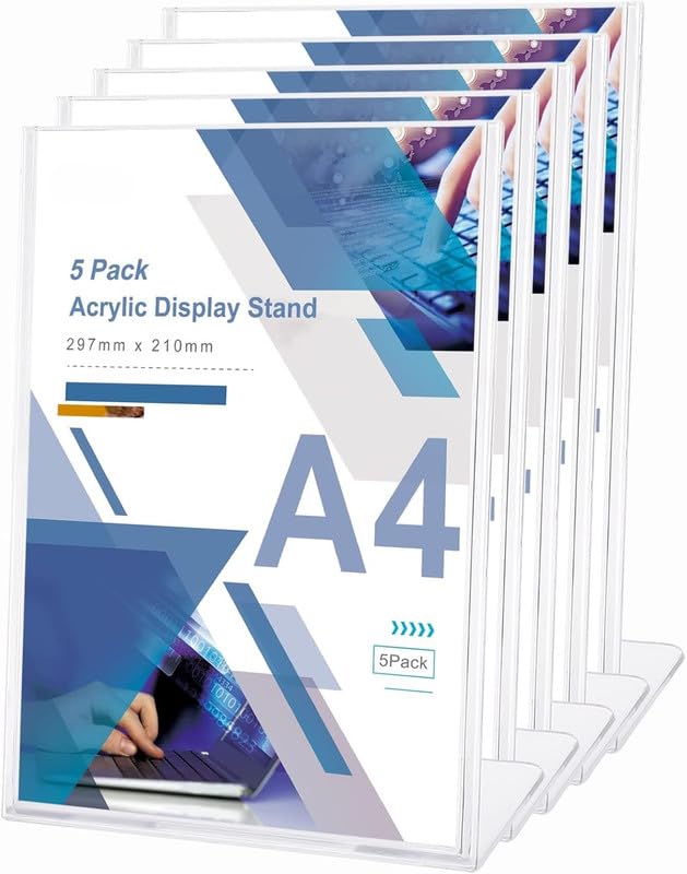 BEST MEDIA 5-Piece A4 Acrylic Menu Display Stand, Clear L-Shape Plastic Poster Holder for Tabletop Use in Restaurants Hotels Schools or Offices, Plexi Sign Holder for Menus and Notices