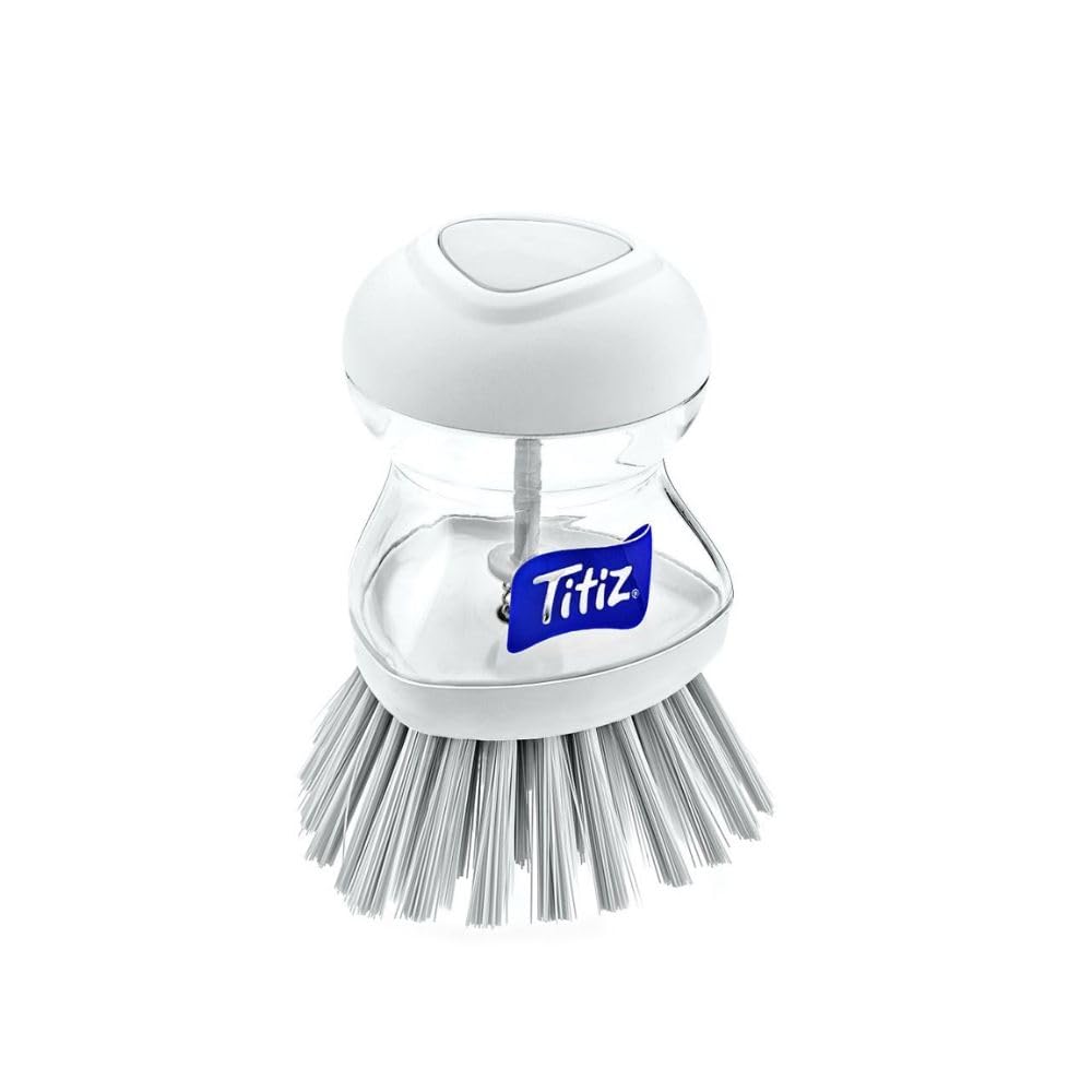 Soap Dispensing Palm Dishwasher Brush, With Bottom On Top and Detergent Reservoir, It helps You To Easily Clean Dried Stain (White)