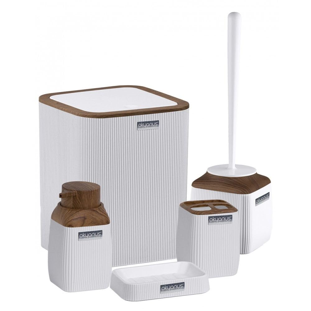 Okayanus Diva Acrylic, 5 Piece Bathroom Accsessory Set,(Soap Dish, Soap Dispenser, Trash Can, Toilet Brush & Holder, Toothbrush Holder) (Wooden) (White)