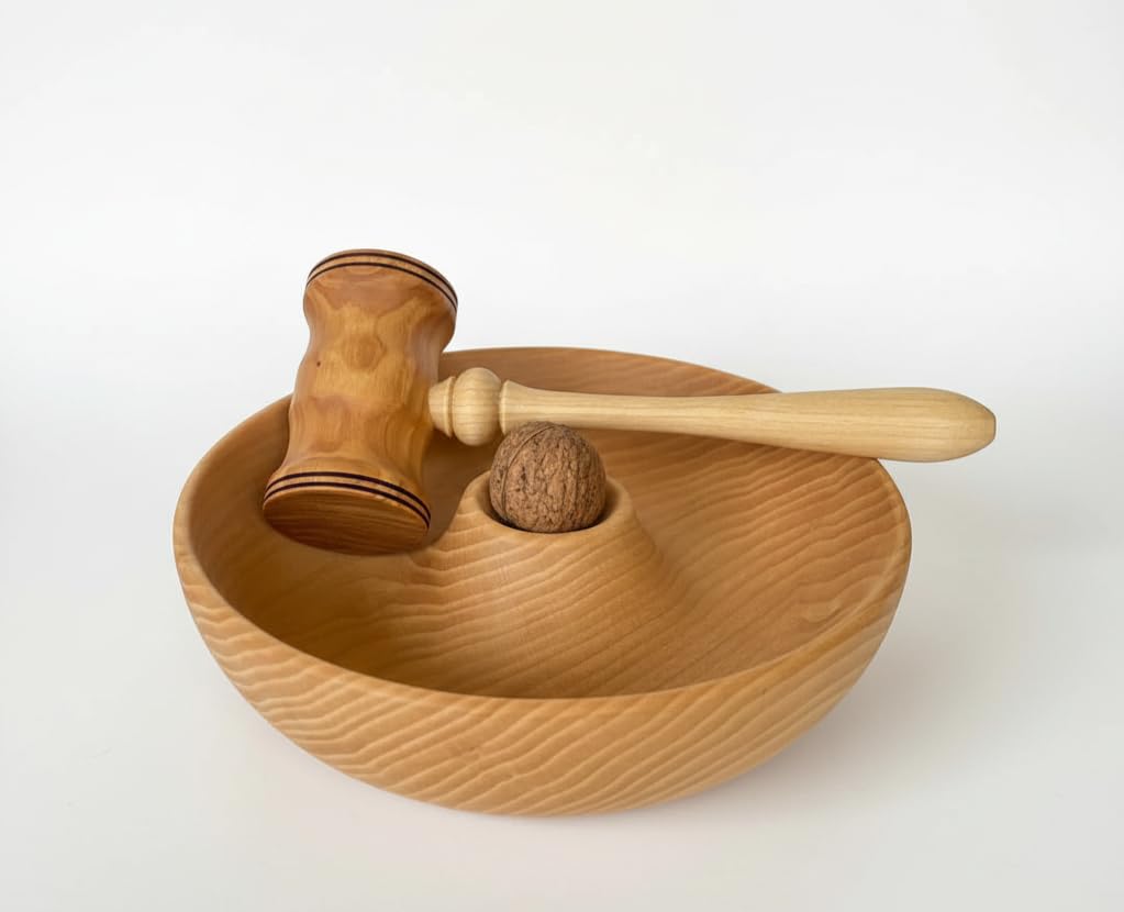 Handmade Wooden Walnut Cracker Set, Carved Wood Bowl with Hammer, Traditional Kitchen Tool for Nuts, Handmade