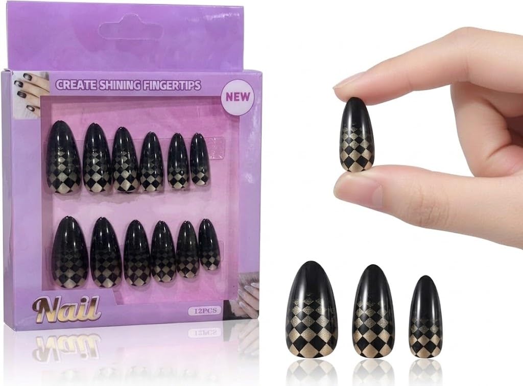 PRESS ON NAILS- 12 pcs Medium Long -GLOSSY MIX 2 COLOR -False Nails, Perfect For Parties, Comes With 1 SHEET DOUBLE FACE - N1