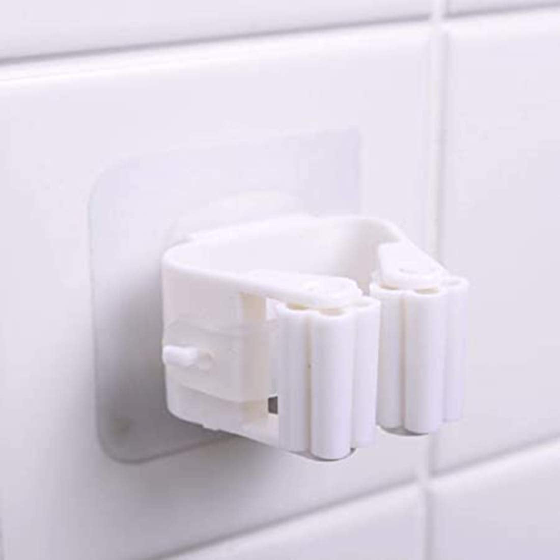 DELFINO Mop and Broom Holder Wall Mount, White, Household Garden Broom Holder, Broom Gripper Holds No Drilling Self Adhesive Non-slip，Holder Storage & Organization for Kitchen, Bathroom, Garden