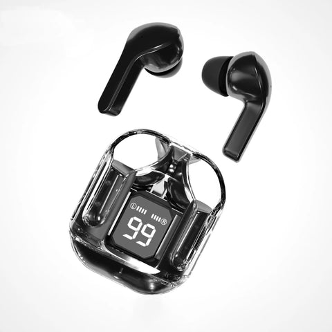 Air39 or Air31Pro Wireless Stereo Earbuds, Bluetooth V5.3, Luminous Clear Charging Case, Digital LED Display, Black or White