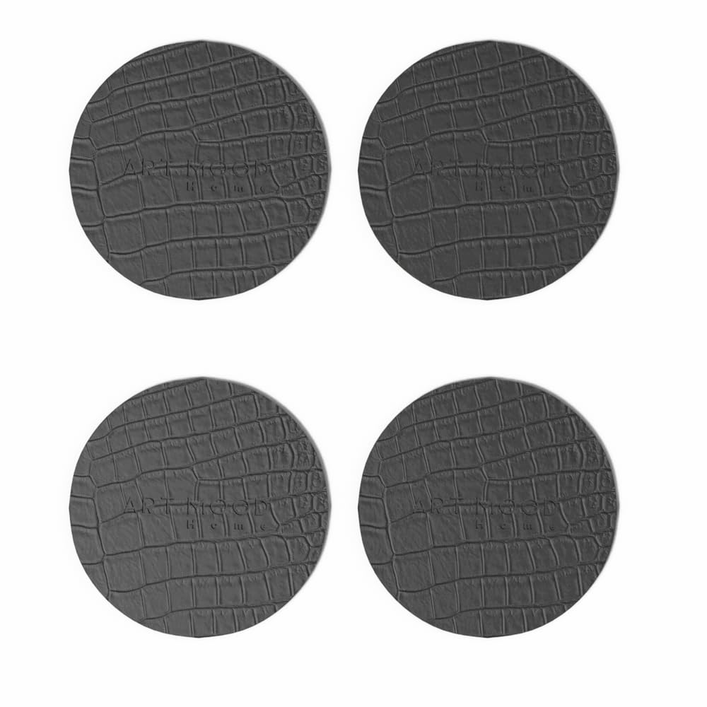 ART MOOD HOME Circle Leather Coaster Set - Premium Faux Leather Coasters with Stylish Touch, Heat-Resistant and Scratch-Proof - Perfect for Coffee Tables, Dining, and Home Decor, Set of 4 - Grey