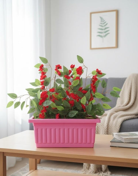 Artificial Flower Pot with Green Flowers and Leaves Bouquet Plastic Home Decor Multiple Colors (Pink and Red Rose)