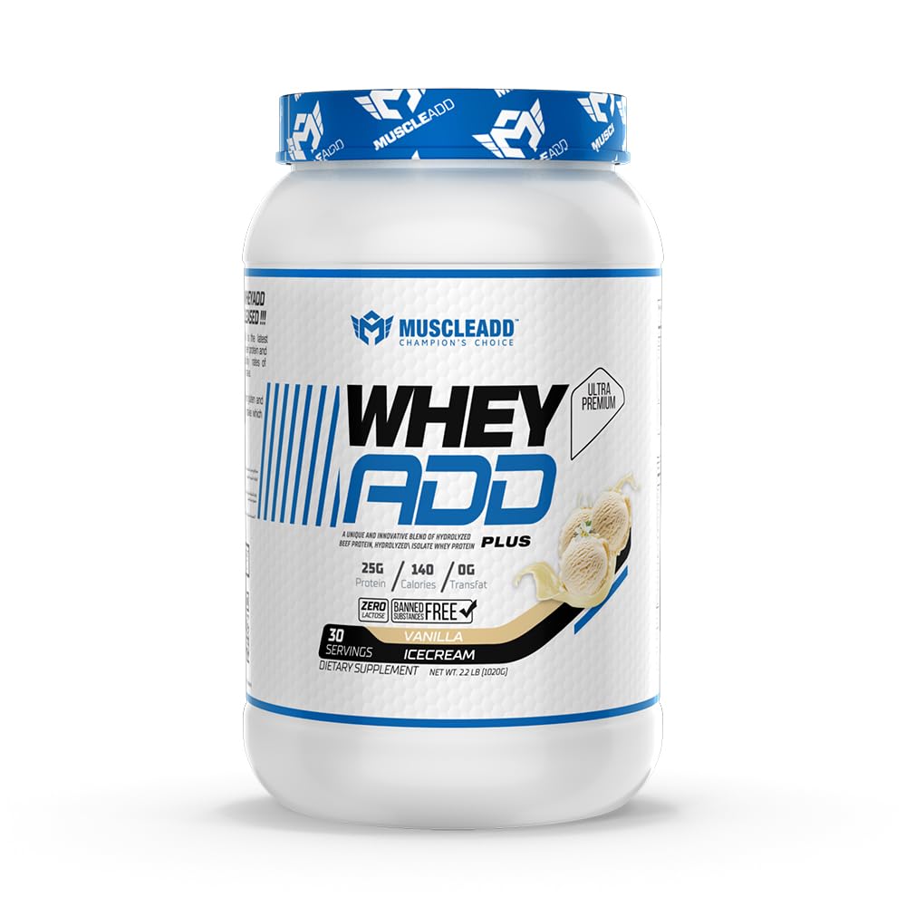 Muscle Add | Whey ADD | 25g Protein | Hydrolyzed | Isolate | Concentrate | 140 calories | Enhanced Formula | Long-lasting Nutrition | BCAA | Glutamine | 30 servings | 1080g | Vanilla Ice-cream