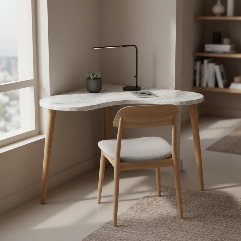 Fendi Home Modern Heart Shaped Corner Desk - Minimalist Wood Writing Table - Curved Home Office Computer Desk, Aesthetic Study Workstation (White Marble)