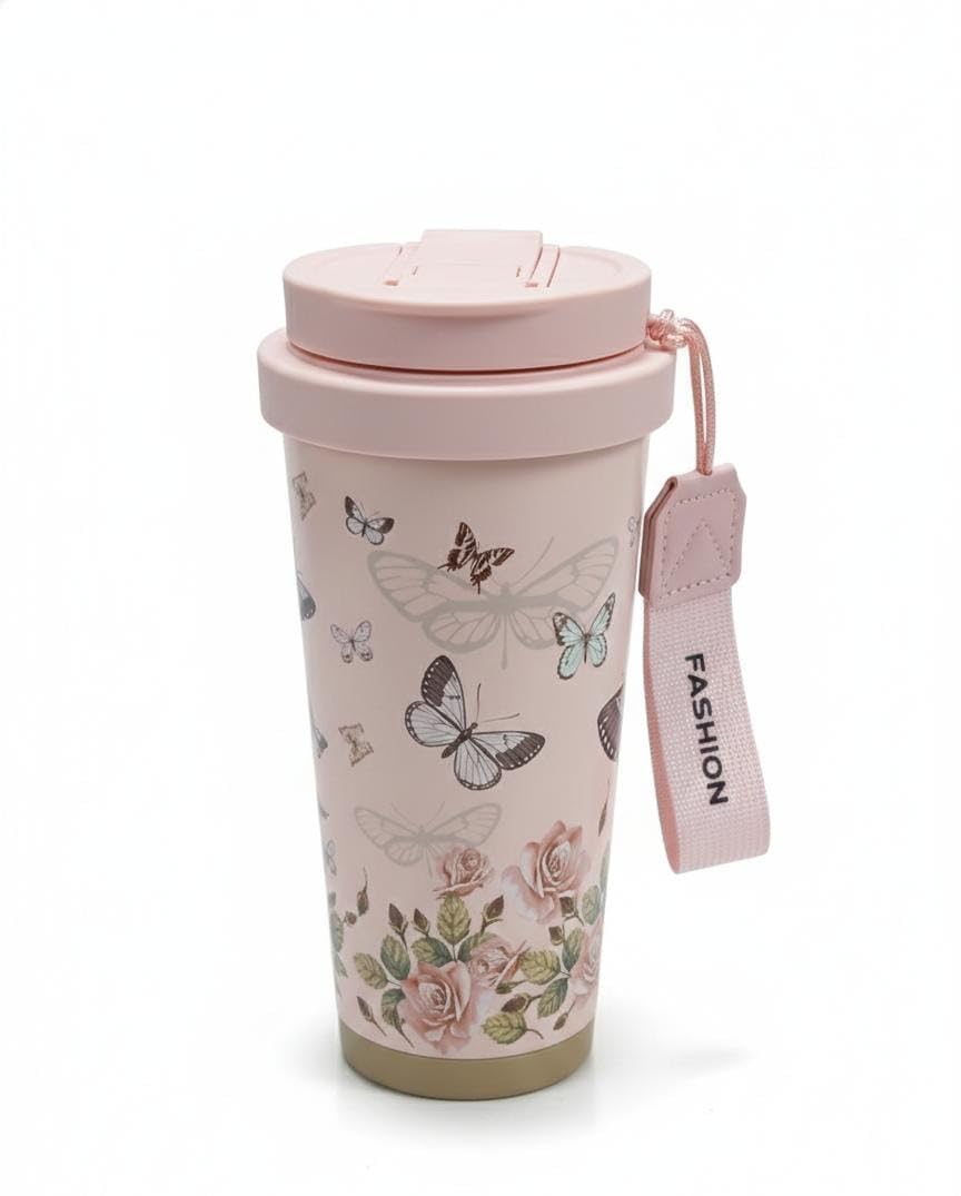 Spaceshoop Butterfly Sipper, Stainless Steel Travel Cup, Double Wall, 520ml, Pink