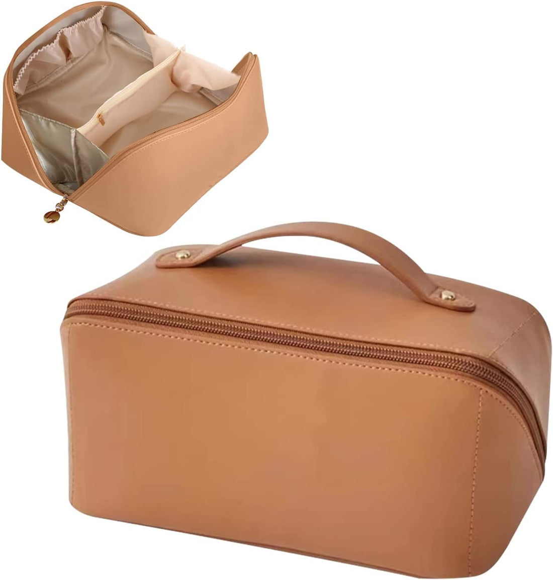 Necomi Large-Capacity Travel Cosmetic Bag | Leather Makeup Bag | Waterproof Portable Cosmetic Bag | Multifunctional Storage Makeup Bag | Travel Cosmetic Bag, Brown, Large (Pack of 1)