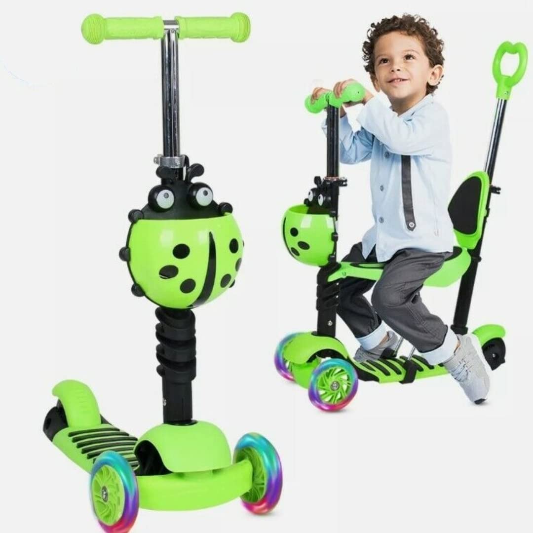 5 in 1 scooter is your kids wish to have .kick scooter Removable Adjustable Seat, Led Flashing Pu lighting Wheels (green colour)