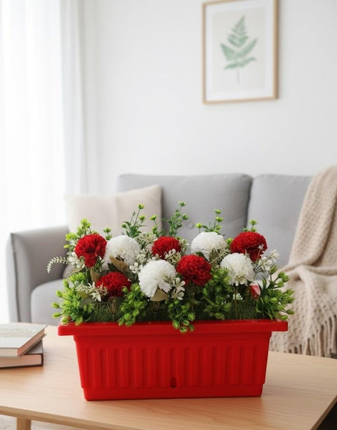 Artificial Flower Pot with Green Flowers and Leaves Bouquet Plastic Home Decor Multiple Colors Available (Red)