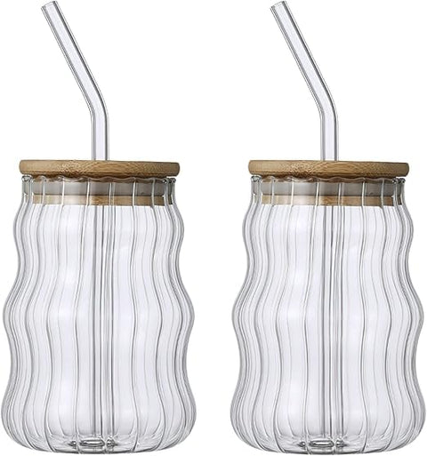 Glass Cup for Drinks Juice Iced Coffee Ripple with Wooden Lid and Straw - 500ml (2)